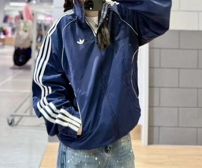아디다스 리버시블 양면 체크 트랙탑 집업 자켓 바람막이 블루 KT6367