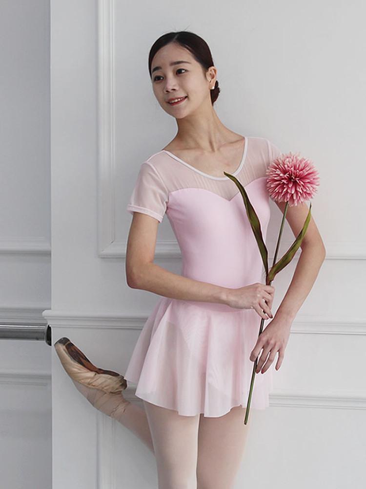 [성인발레복 반팔 브라캡 메쉬 스커트 레오타드] 치마일체형 초보 레오타드