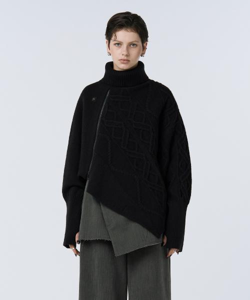 Argyle Cable Zip-up Pullover [ Black ]