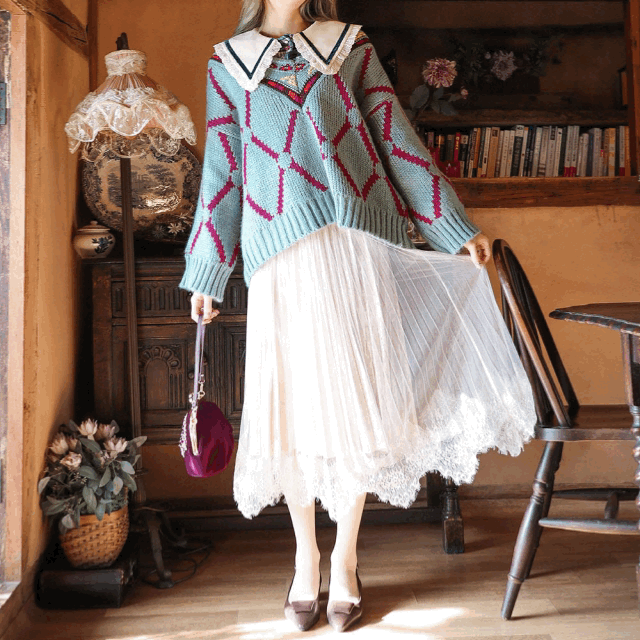 크리미 레이스 벨벳 플리츠 롱 스커트 sk0011