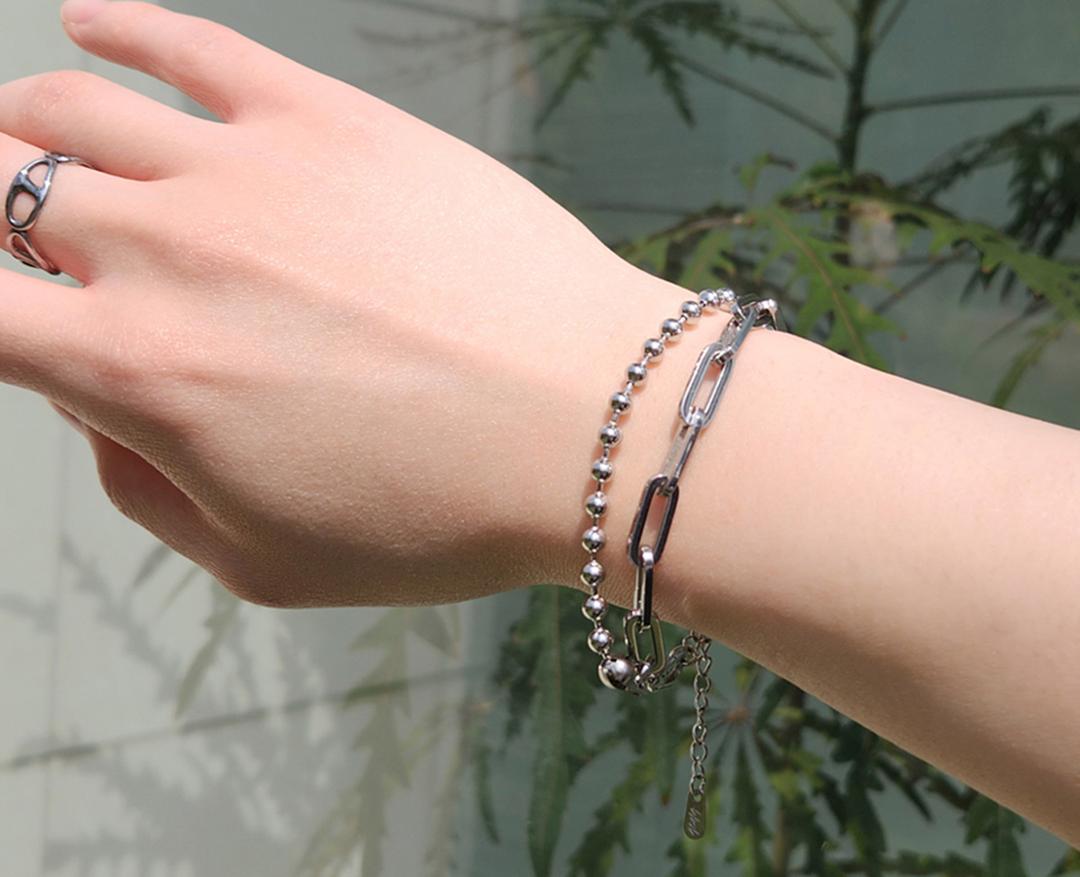 써지컬스틸 클립 & 볼 체인 레이어드 팔찌 _ 실버