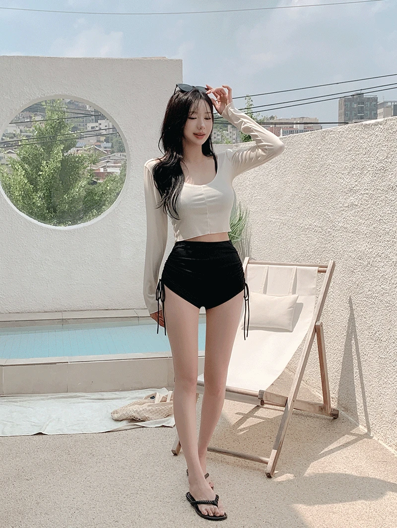 [3set/체형커버✨/바캉스룩] 미쿠 레이어드 긴팔티 비키니 셔링팬츠 세트