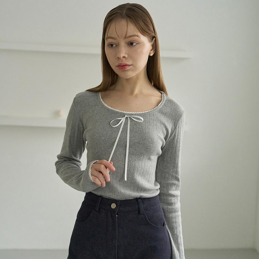 [유튜버Pick] 레이스 펀칭 리본 롱슬리브 (멜란그레이)