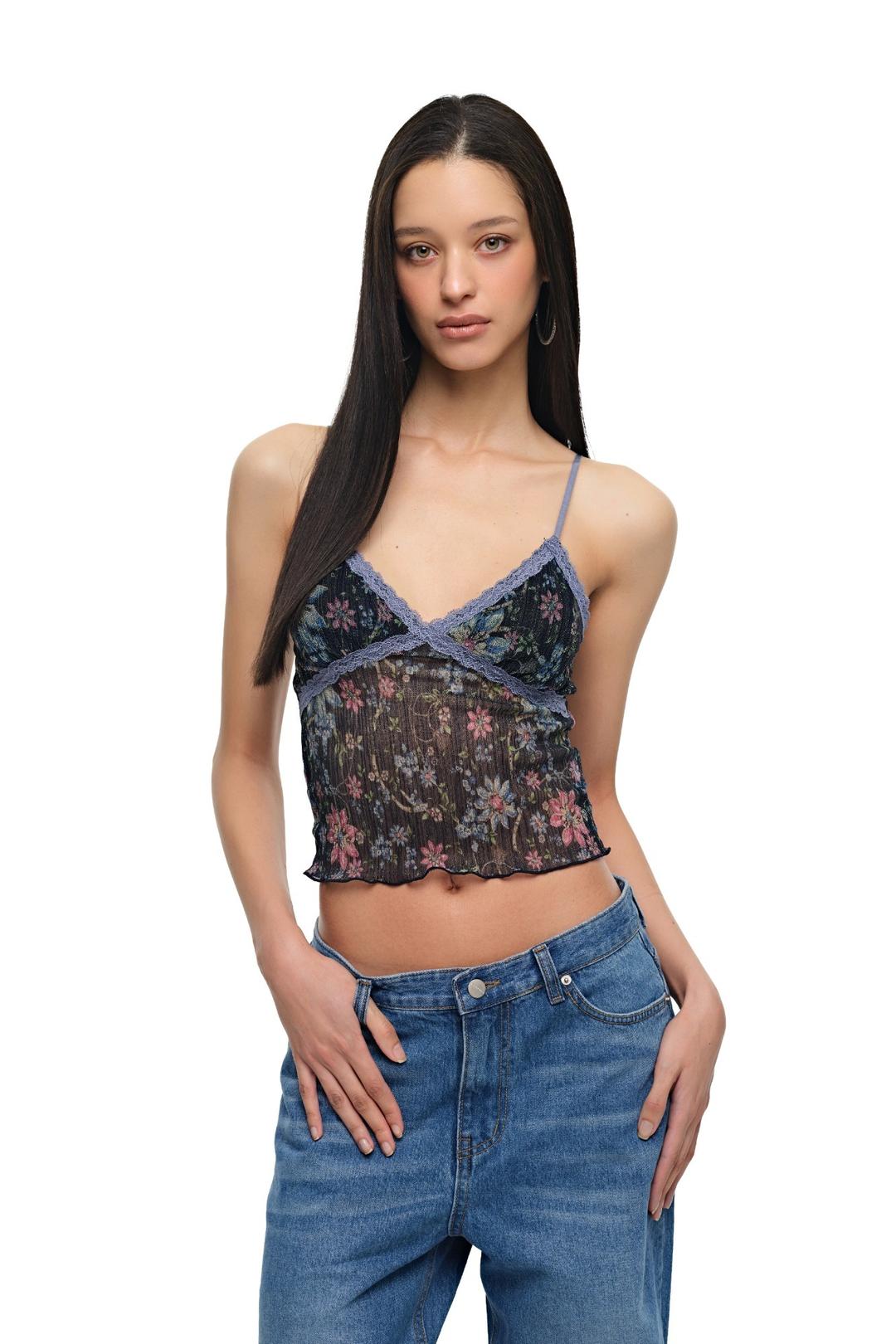 [4. 6 예약 발송] METALLIC FLORAL 03 LACE CAMI TOP (NAVY)