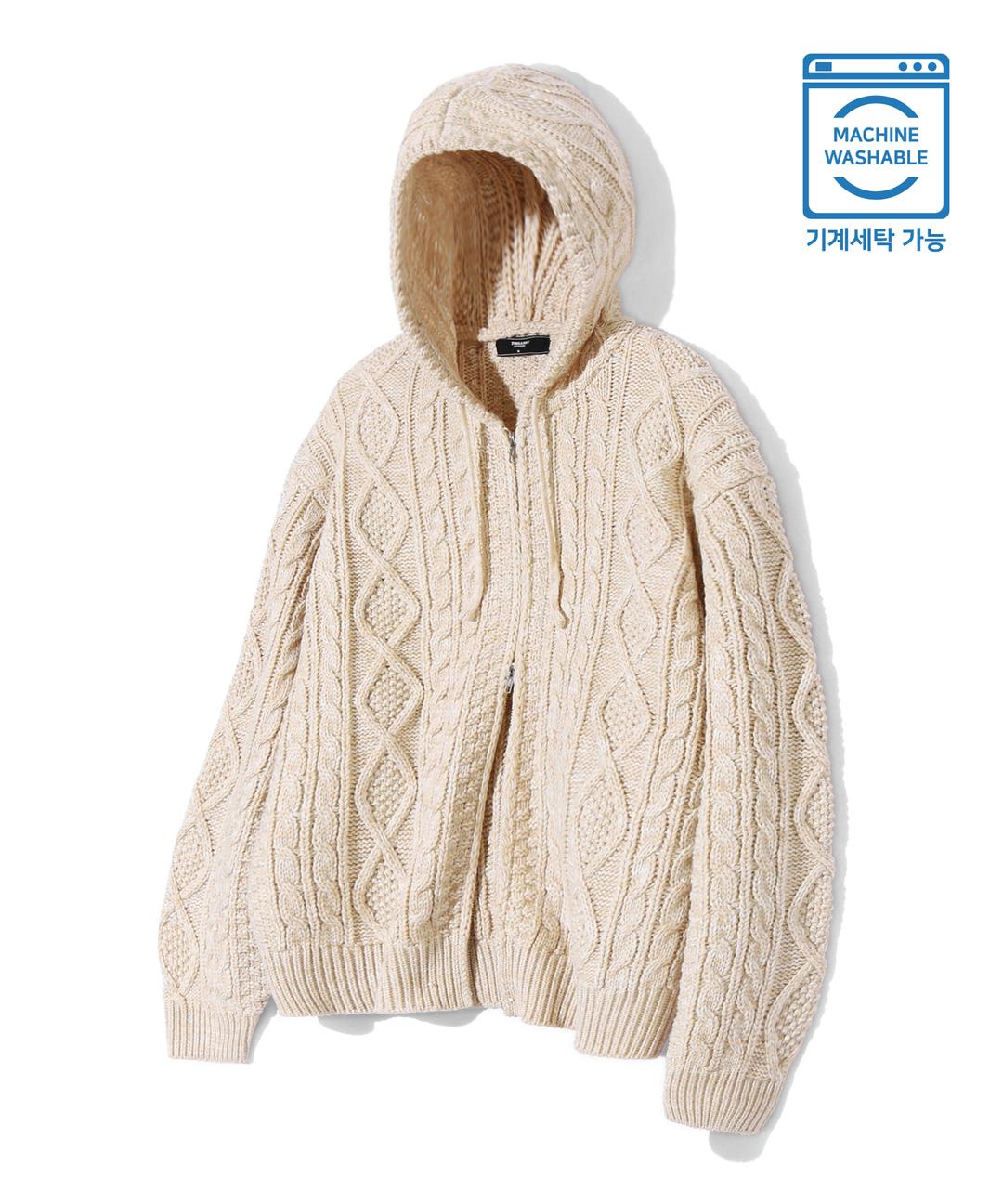 워셔블 아란 케이블 후드 집업 니트 (IVORY)