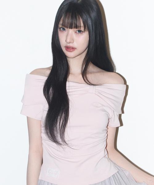 보우 오프숄더 티 핑크