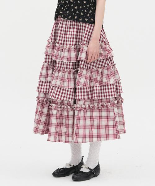 Voluminous Check Tier Skirt [Red]