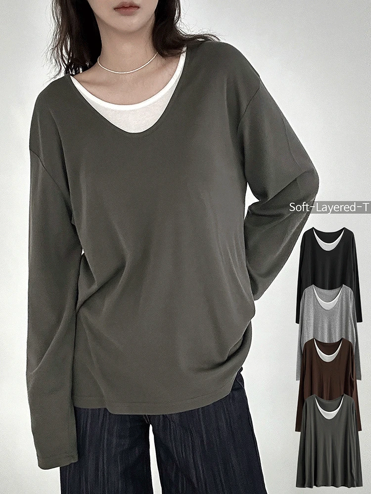 당일출고🚀[25FW🍂후들] 소프트 모달 레이어드 U넥 루즈핏 티셔츠 4color