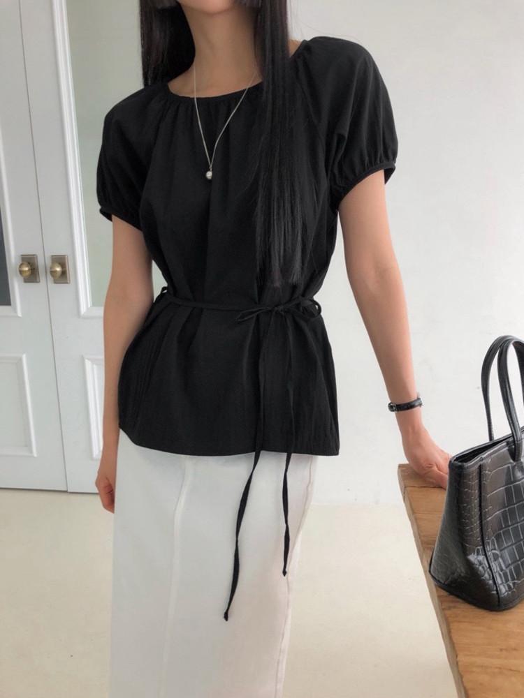 제리 셔링 반팔 스트랩 허리 끈 블라우스 ( 3color )