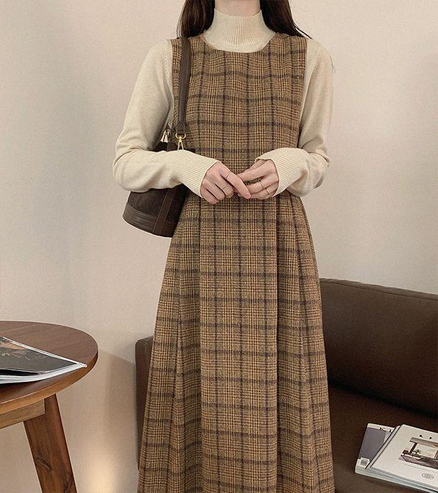 올댓 체크 플리츠 멜빵 뷔스티에 모직 겨울 롱원피스_룩앤무드