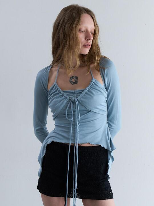 SHIRRING LONG SLEEVE T-SHIRT [BLUE]