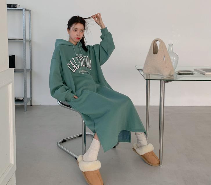 이스트 나염 양기모 트임 후드 롱원피스
