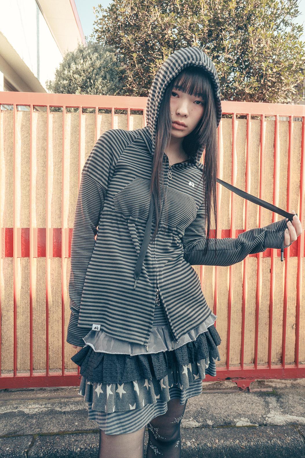 Stripe babydoll hoodie zip-up (Charcoal)