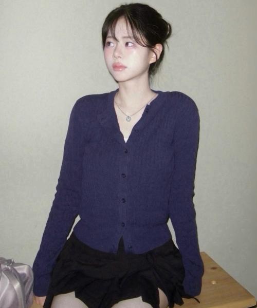 슬림핏 케이블 라운드 가디건 네이비