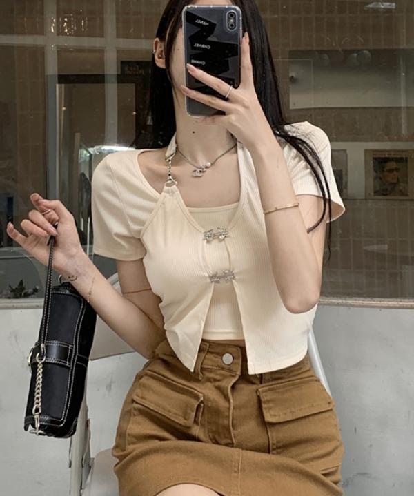 더블 이중 나비 크롭 반팔티