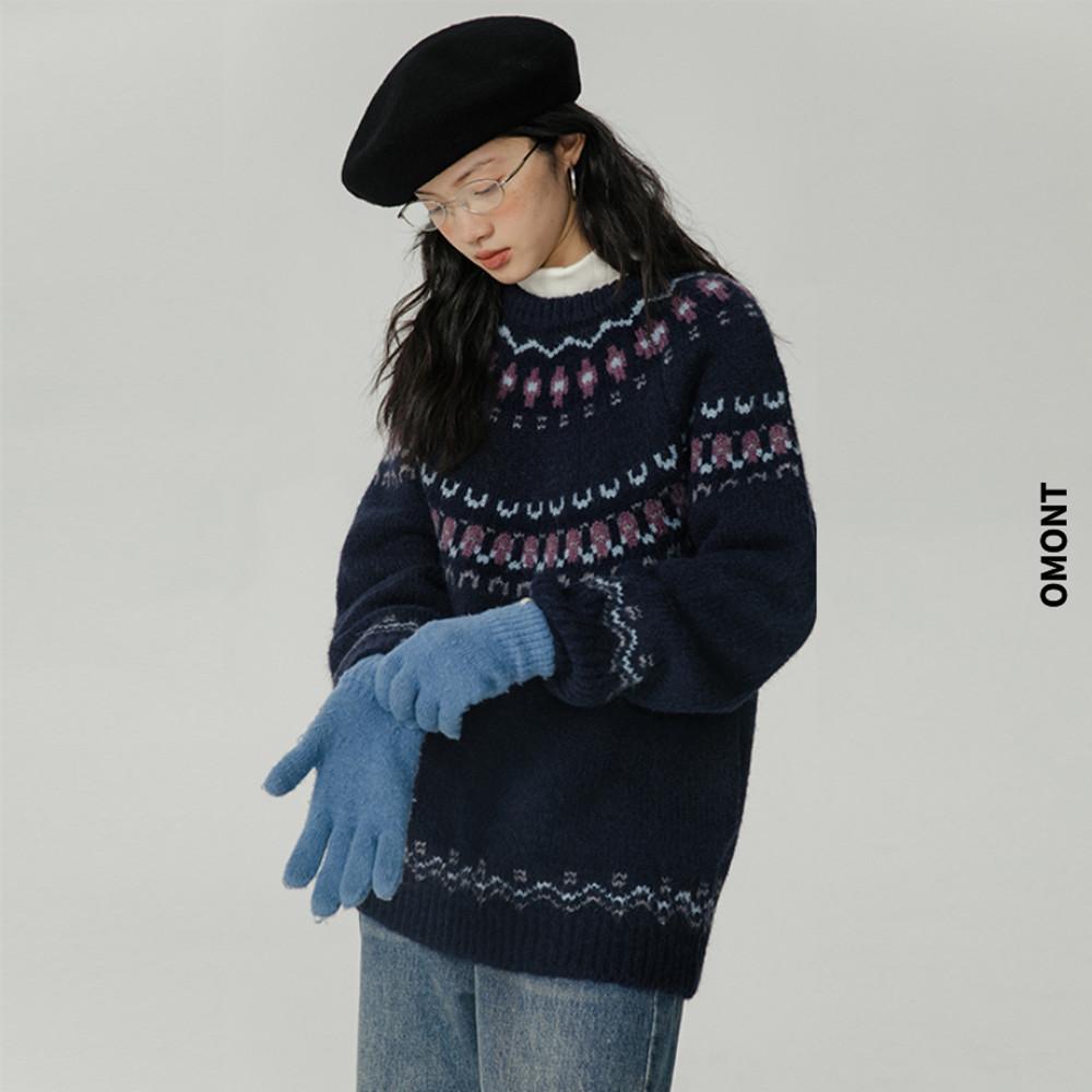 OMONT 오몬트 니트 라운드 스웨터 아가일 루즈핏 니트탑