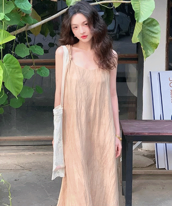 도슨 라운드넥 심플 캐주얼 일자핏 데일리 여름 롱원피스 (그린,베이지)