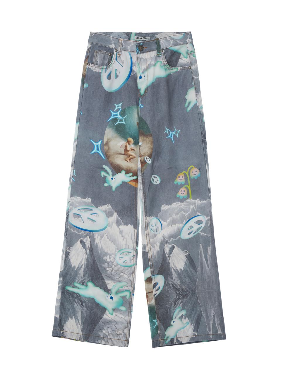 프린트 스트레이트 팬츠 블루 그레이