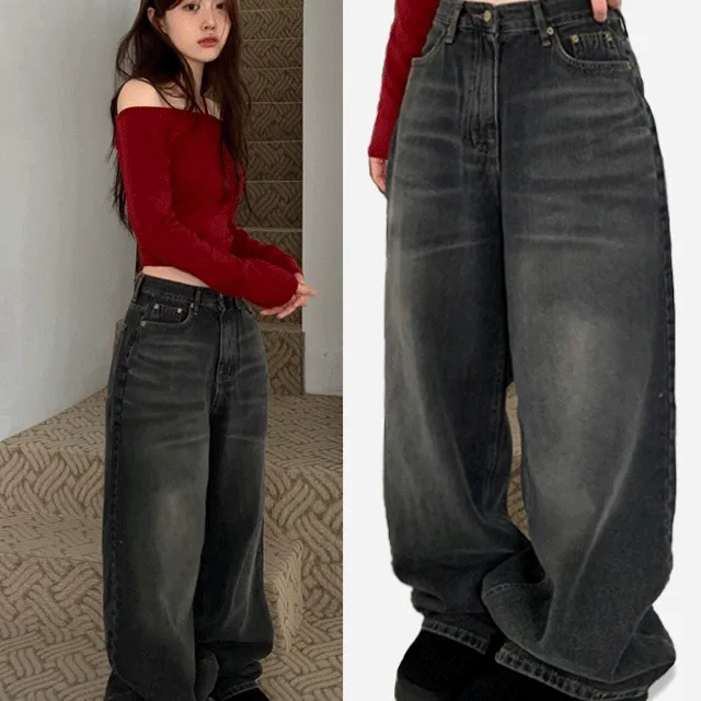 [OOTJ] 버킷 빈티지 워싱 와이드 데님 롱팬츠 2color
