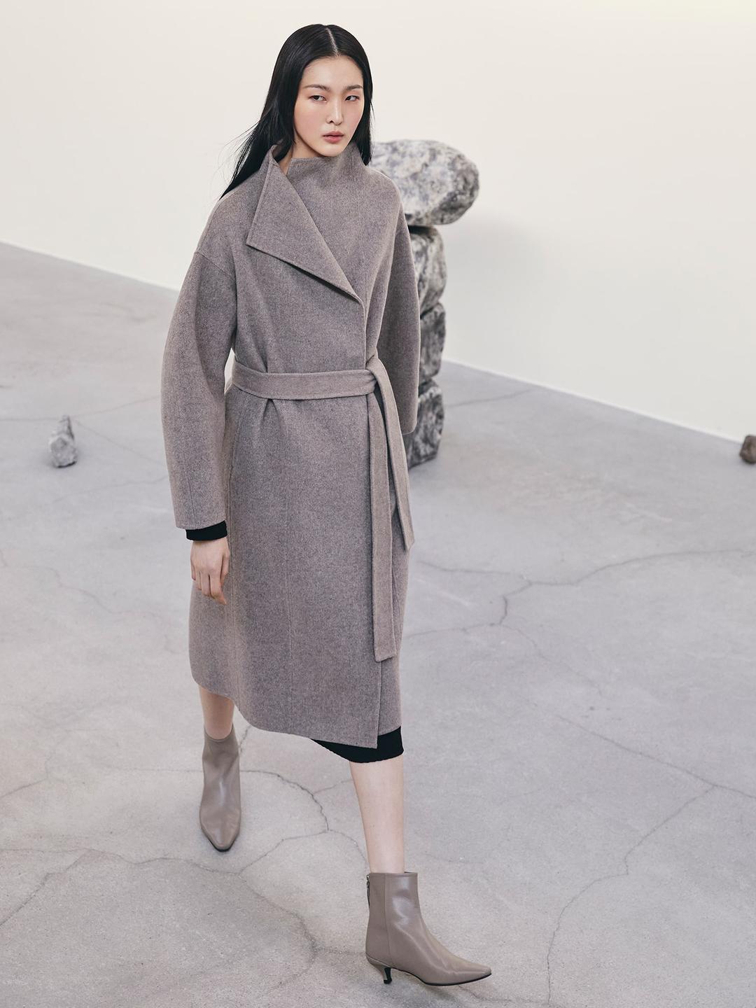 Wool Cashmere Blend Belted Long Coat - Brown