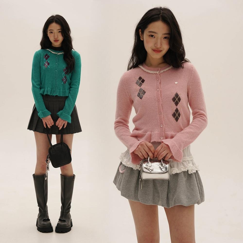 MOROMORO2 모로모로 가디건 알파카 스팽글 레이스 크루넥 니트 카디건