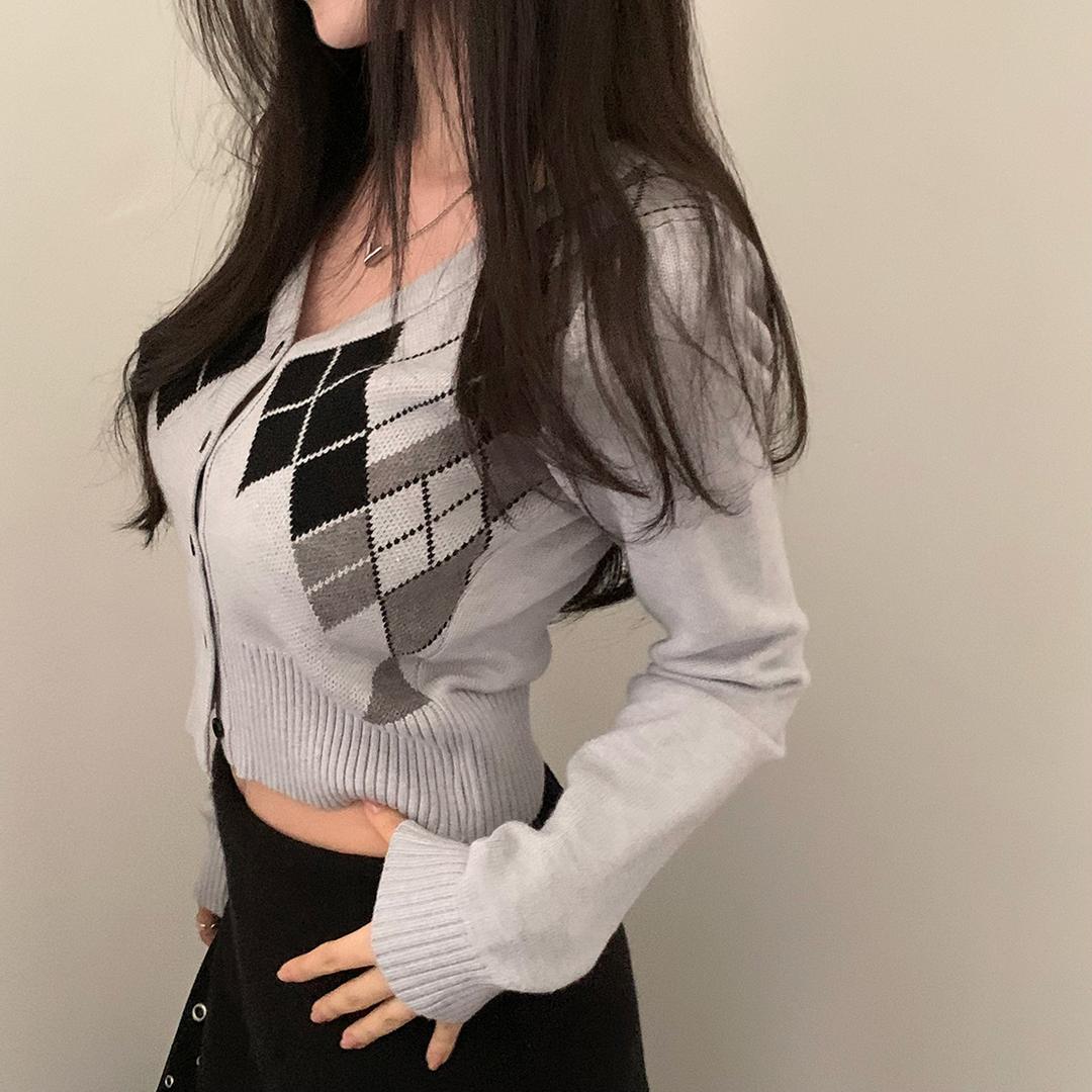 클래식 아가일 크롭 가디건 - cd