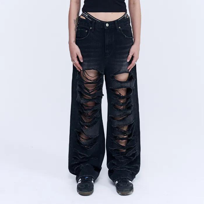 Pia Damage Wide Jeans - Black