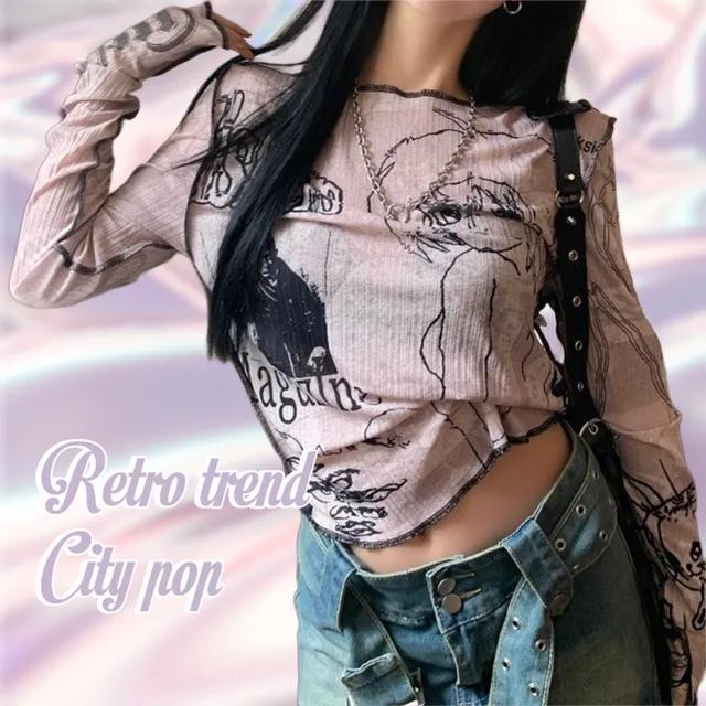 y2k 시티팝 일러스트 스티치 시스루 긴팔 티셔츠