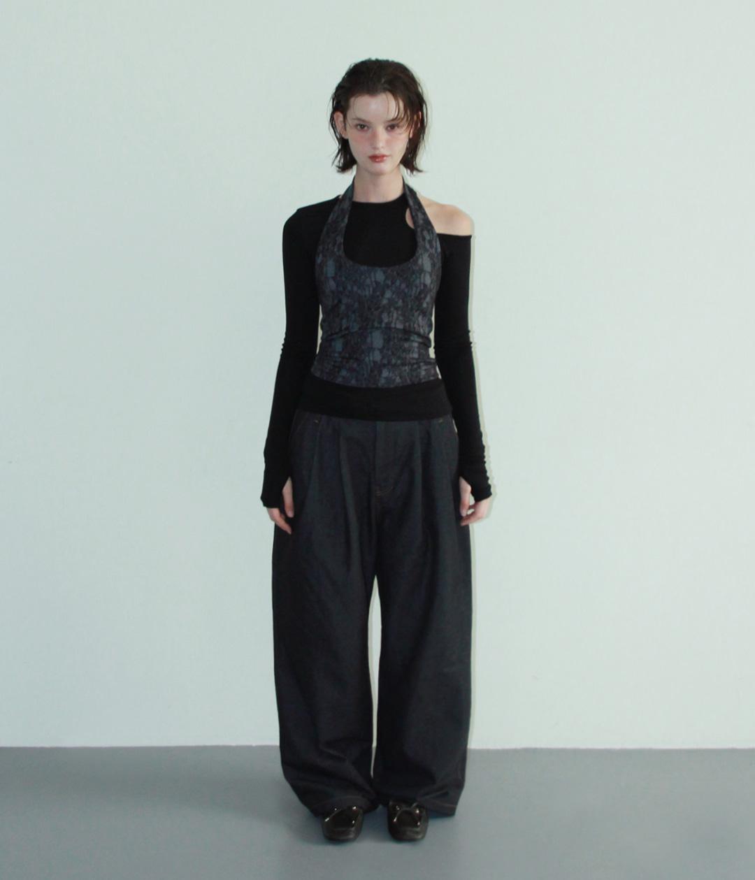 DOUBLE BELT PIN TUCK WIDE PANTS (BLACK INDIGO)