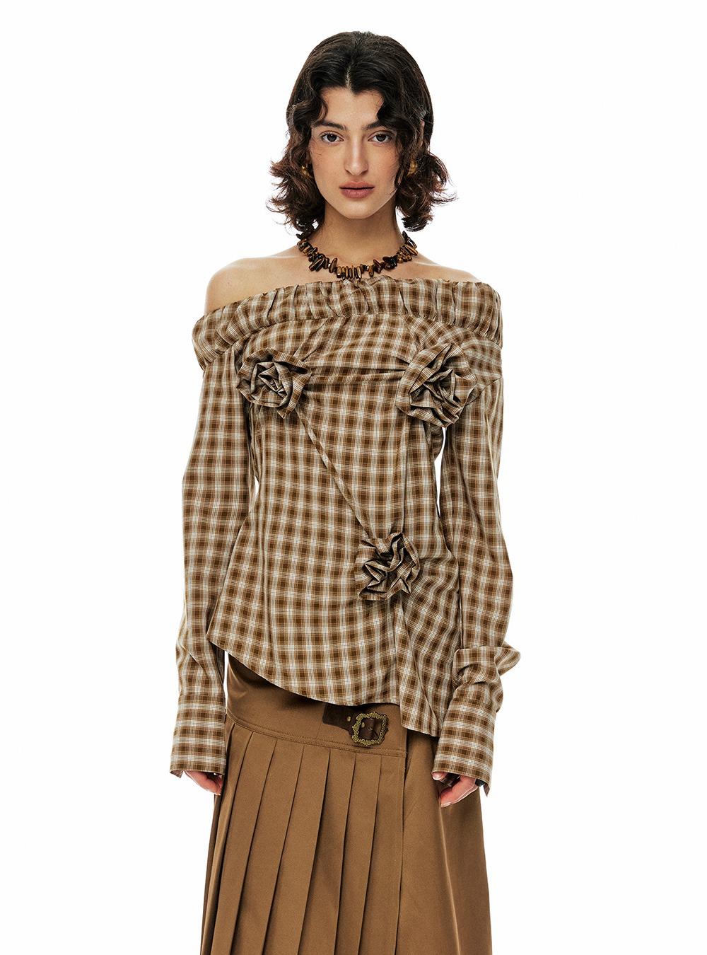 Khaki Pleated Lace Off-Shoulder Top