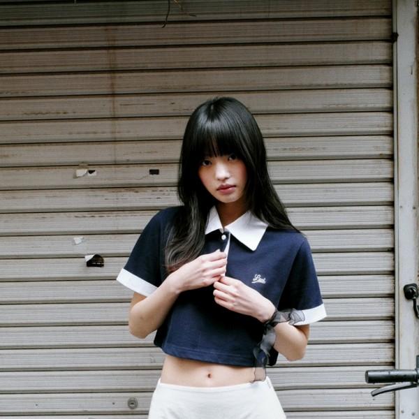LOGO EMBROIDERY CROP POLO SHIRT_NAVY