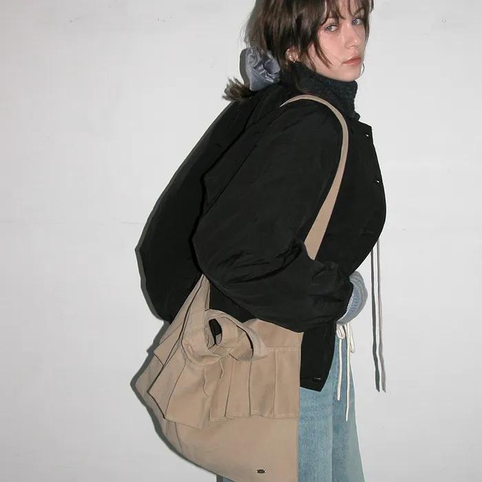 Washing Cotton Ruffle Hand&Cross Bag_Beige