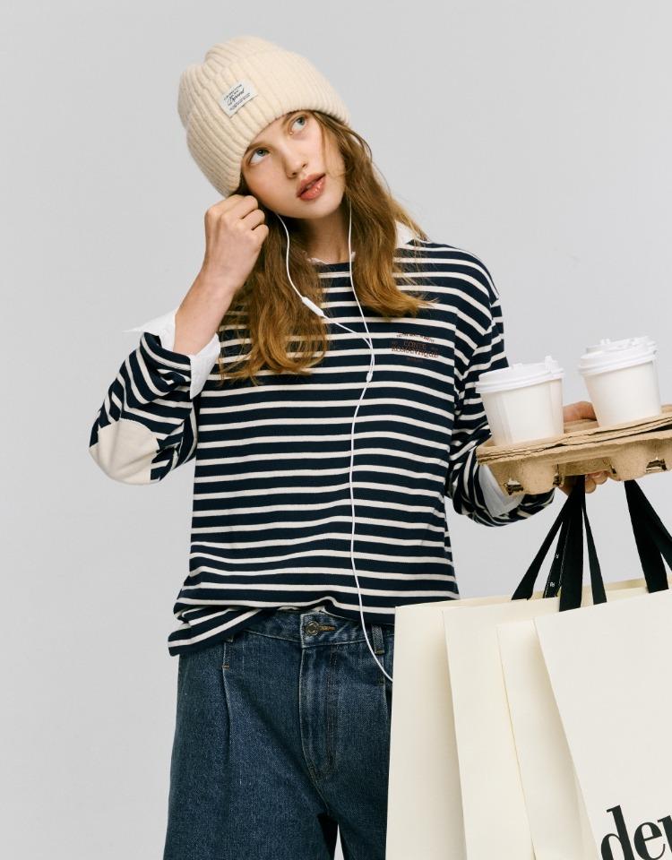 elbow patch stripe t-shirt - navy+ivory