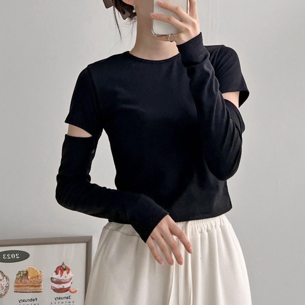 여자크롭티 슬림핏 워머 어깨트임티 간절기 봄 치프 쭉티