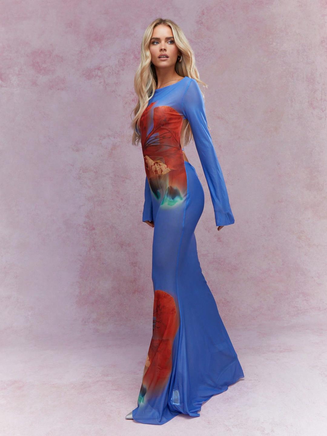 MISSGUIDED Sheer Graphic Print Mermaid Hem Backless Maxi Dress