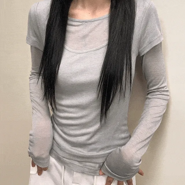 [반팔+긴팔티SET/여리핏🖤]  울30% 텐셀 레이어드 시스루 보트넥 유넥 반팔 긴팔 티셔츠 살안타템 여름긴팔 휴가 바캉스