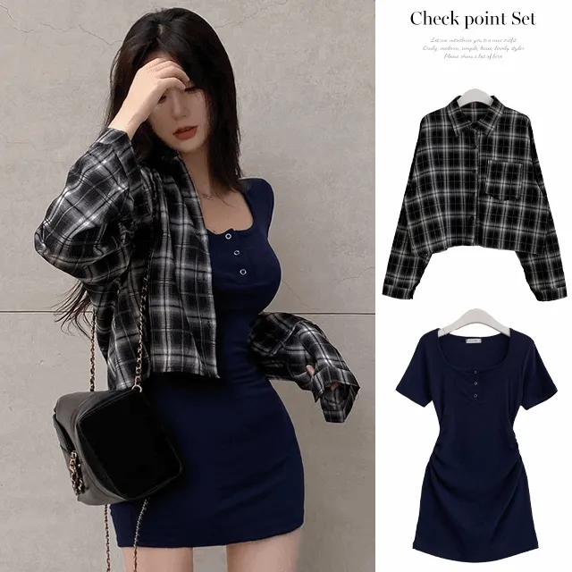 [당일출고/세트] 간절기 스퀘어넥 슬림 H라인 원피스 + 체크 시스루 세미 크롭 셔츠