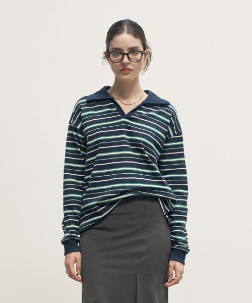 Stripe Open collar Rugby Shirt Navy