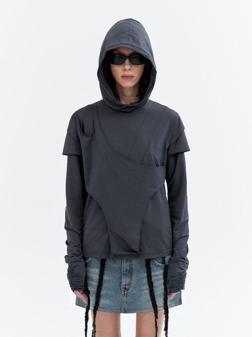 CUFFS SHIRRING LAYERED HOODED TOP GRAY