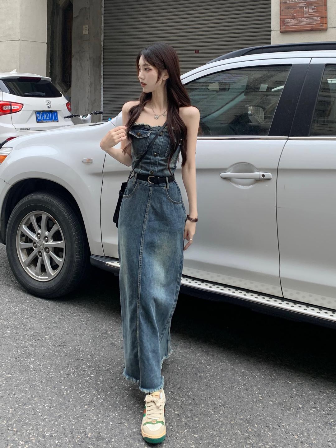 ❤주문폭주❤ 레트로 데님 튜브 탑 나시 롱 원피스 벨트 세트 여행룩 촬영룩 여친룩 해변룩 해외여행룩