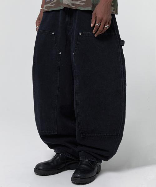 CURVED DOUBLE KNEE PANTS [BLACK]