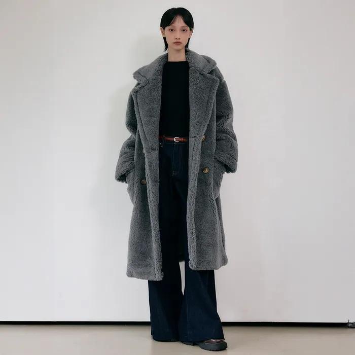 테디베어 오버핏 더블 롱 울 코트 [다크그레이]