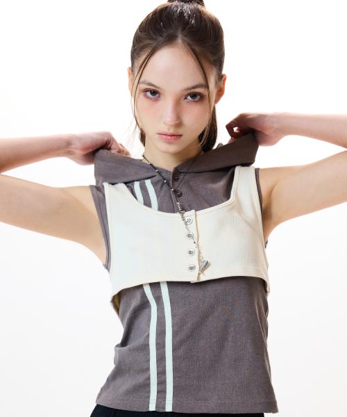 IM HOOD LAYERED SET TOP(BROWN)
