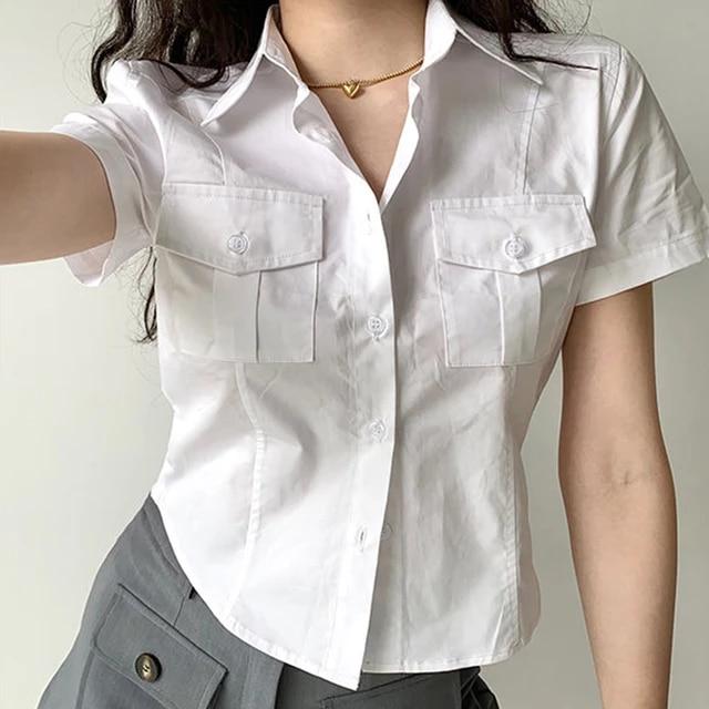 복고풍 대학 스타일 더블 포켓 옷깃 슬림 반팔 흰색 셔츠 여성용, 여름 짧은 상의
