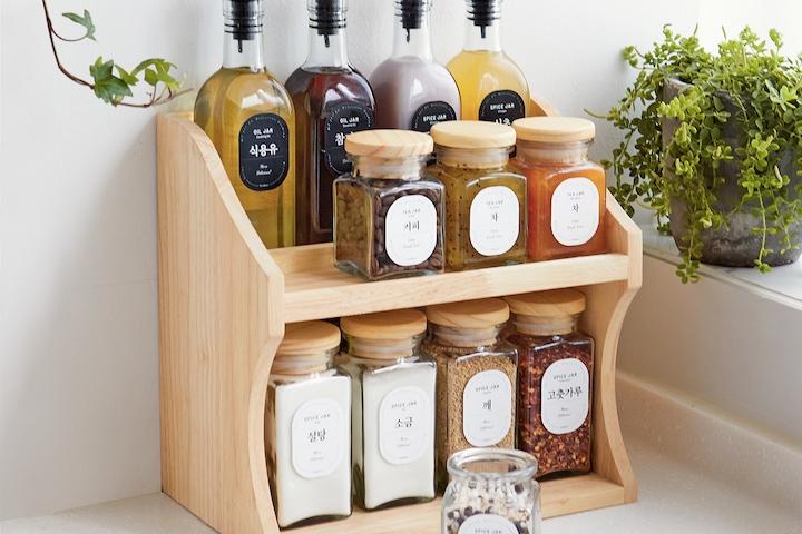 양념통 세트 3단 정리대 사각유리_12P 우드 선반