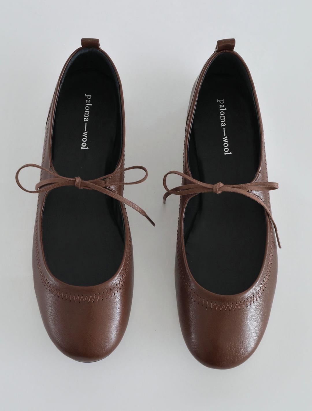 ZORA-Brown flat Mary Jane with cord straps and a rubber sole