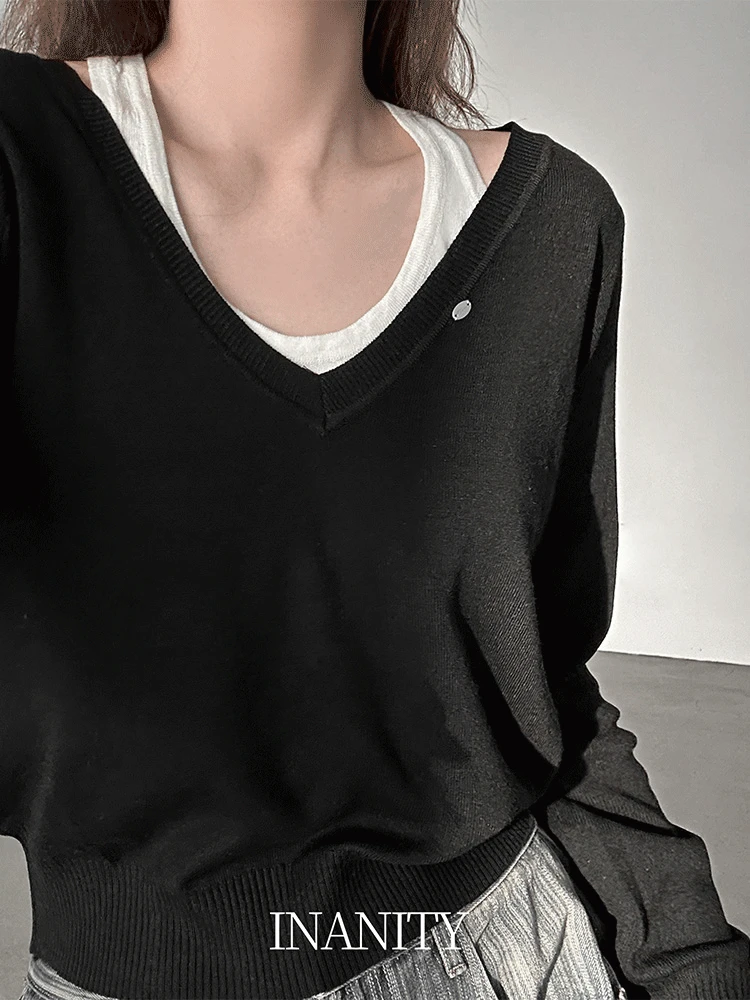 당일출고🚀[일체형] 미니 펜던트 소프트 브이넥 레이어드 니트 3color