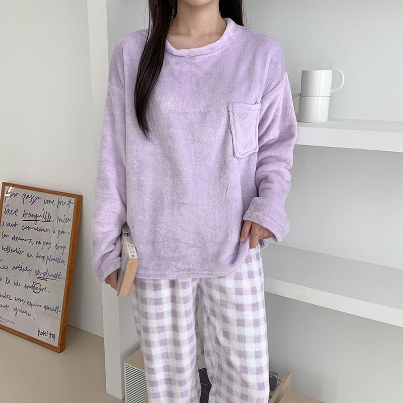 [당일출고🚀]라운드 포켓 극세사 체크바지 수면잠옷세트