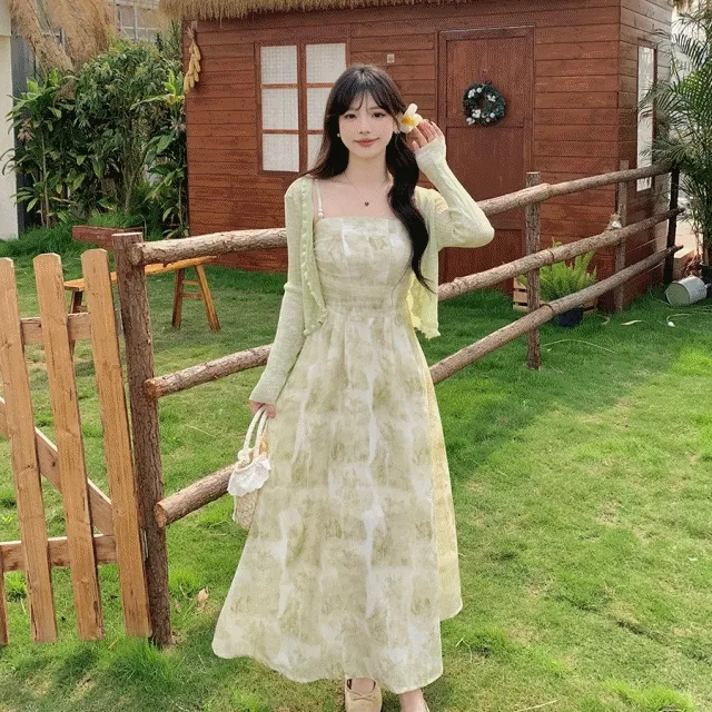 [빅사이즈/4XL까지!] 빅사이즈 페일그린 원피스 + 가디건 set 휴양지룩 여행룩 개강룩 하객룩 데일리룩