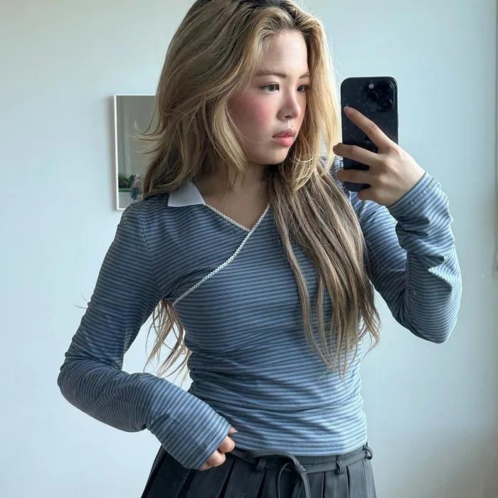 Due Stripe Collar Tee-Blue